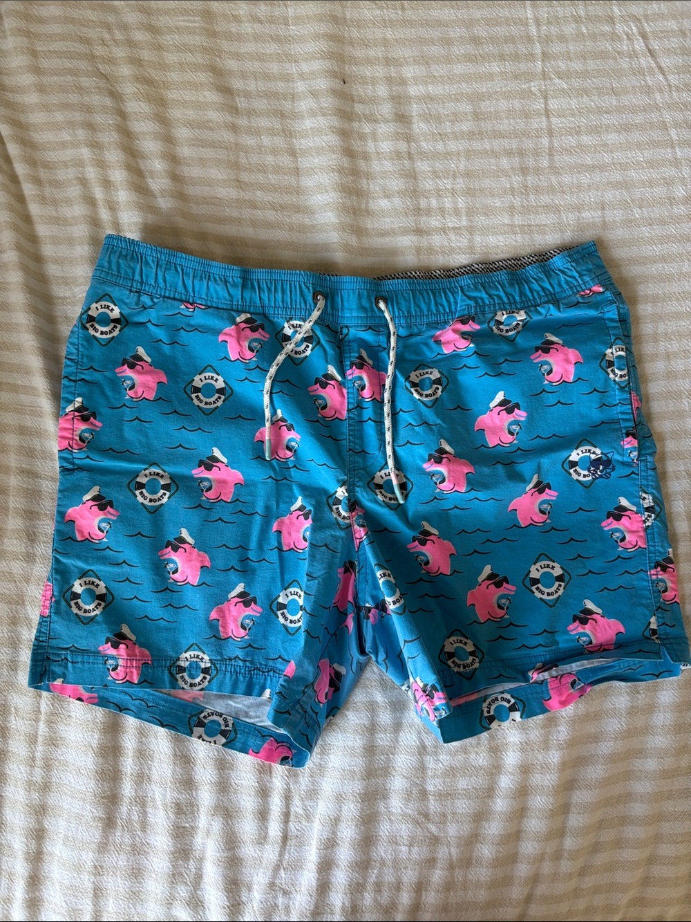 Party Pants- Teal Swim Shorts with Pink Dolphin Print
